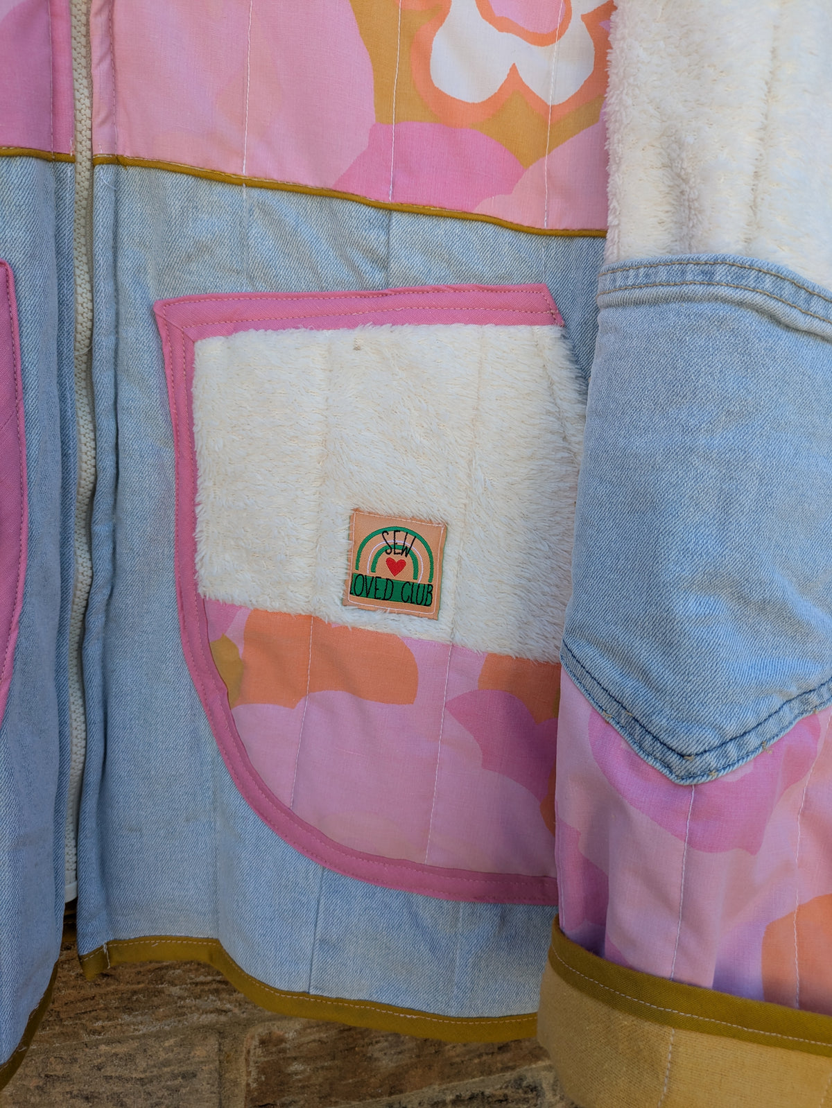 Pink Floral Denim Mix Quilted Jacket