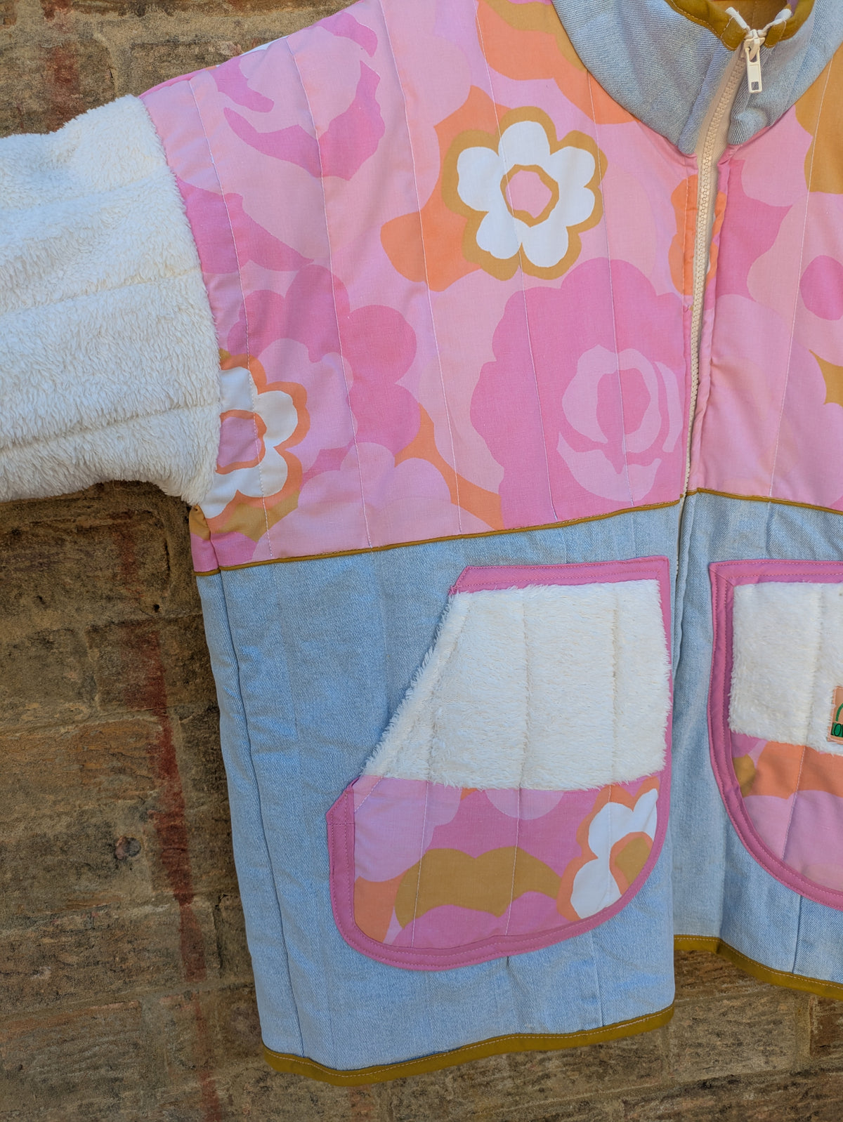 Pink Floral Denim Mix Quilted Jacket