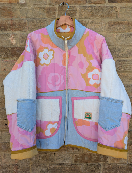 Pink Floral Denim Mix Quilted Jacket