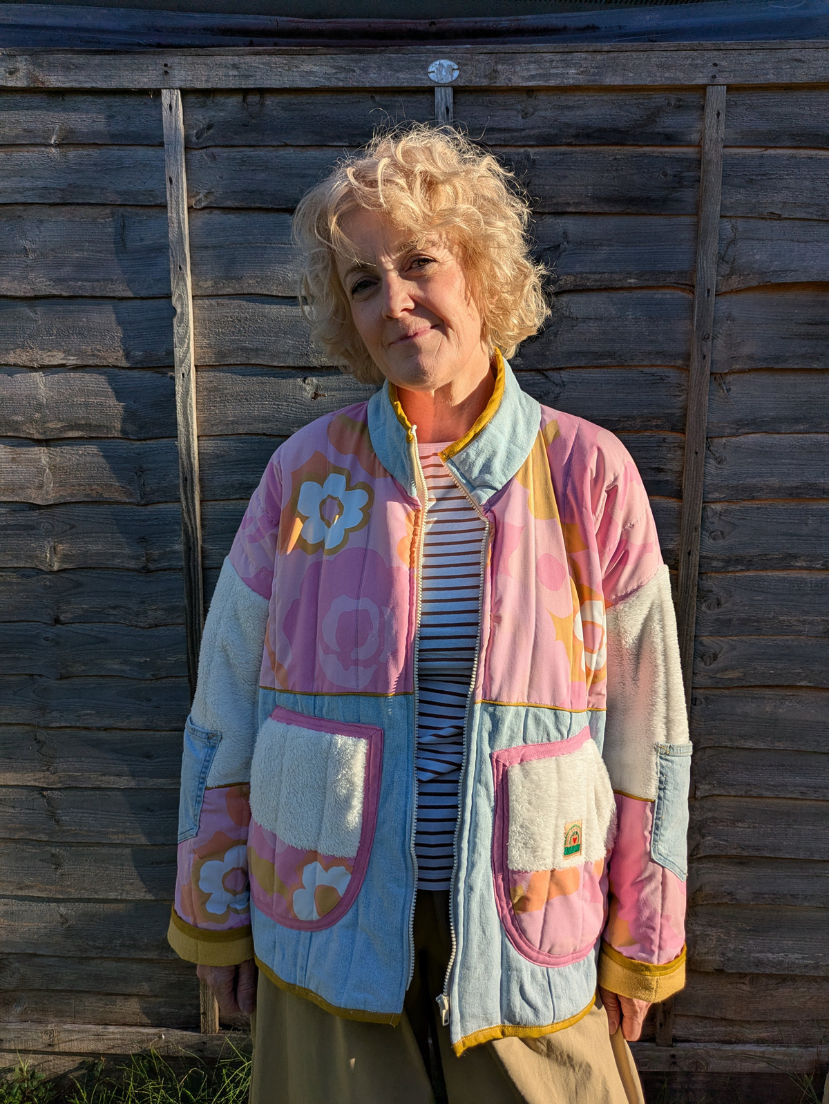 Pink Floral Denim Mix Quilted Jacket
